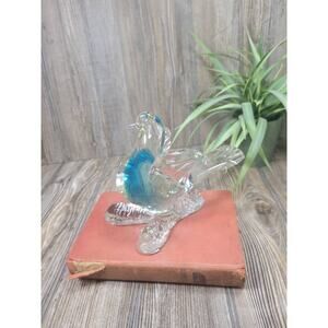 Vintage Art Glass Bird Figurine, Dove Standing on Branch, Blue Casing, 6" Tall